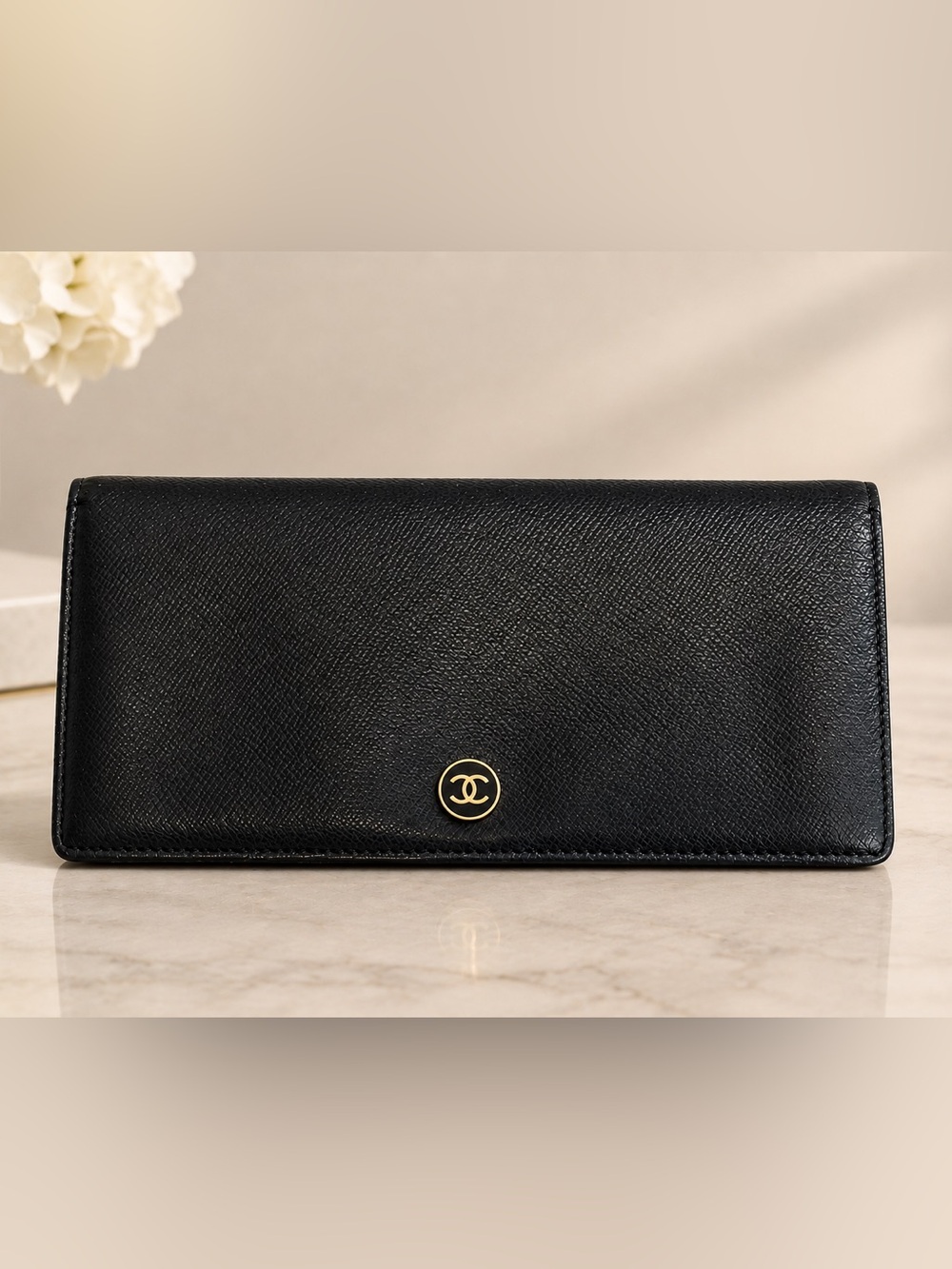 CHANEL Authentic Bifold Long Wallet CC Button Black Leather with COA